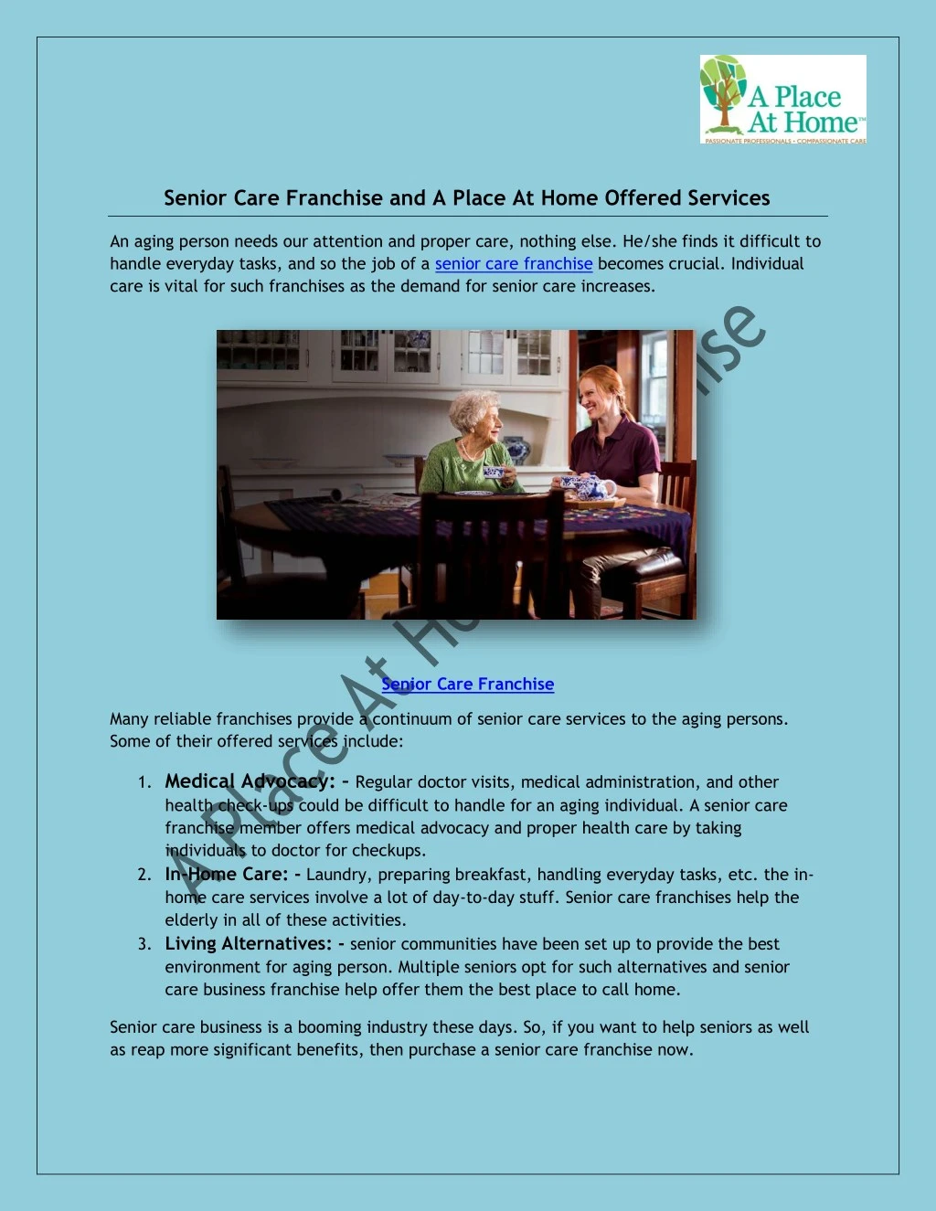 senior care franchise and a place at home offered