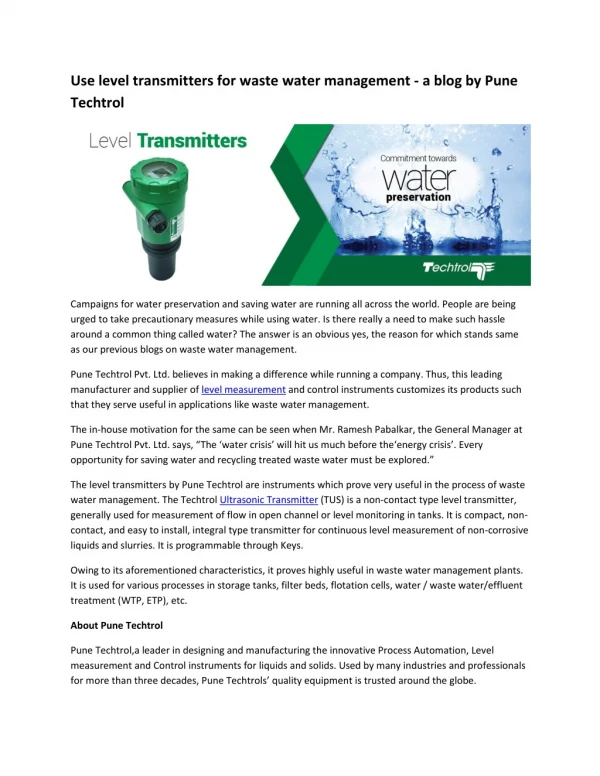 Use level transmitters for waste water management - a blog by Pune Techtrol