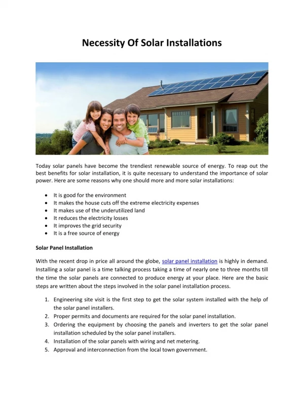 Necessity Of Solar Installations