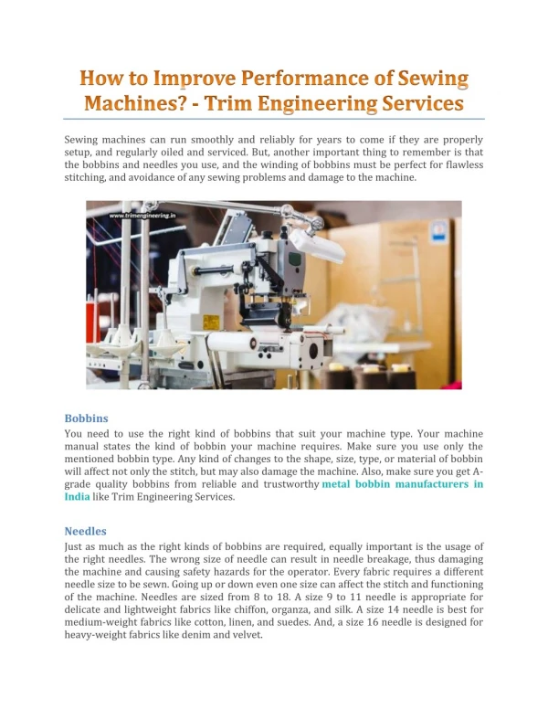 How To Improve Performance Of Sewing Machines? - Trim Engineering Services