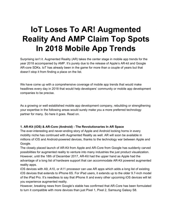 IoT Loses To AR! Augmented Reality And AMP Claim Top Spots In 2018 Mobile App Trends