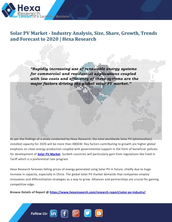 Worldwide Solar PV Market is Expected to Witness Substantial Growth till 2020