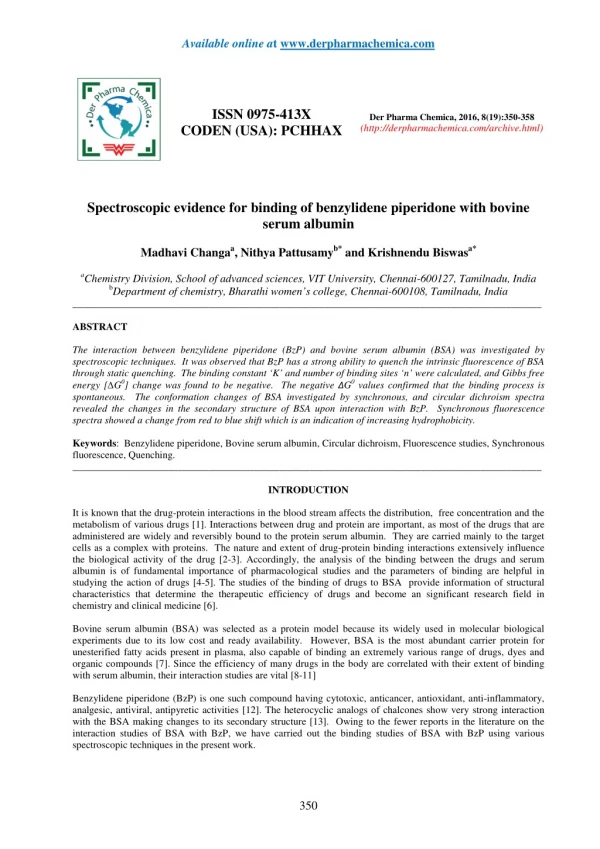 Spectroscopic evidence for binding of benzylidene piperidone with bovine serum albumin