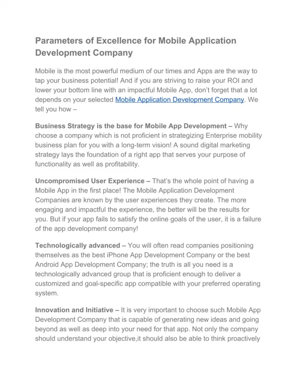 parameters of excellence for mobile application