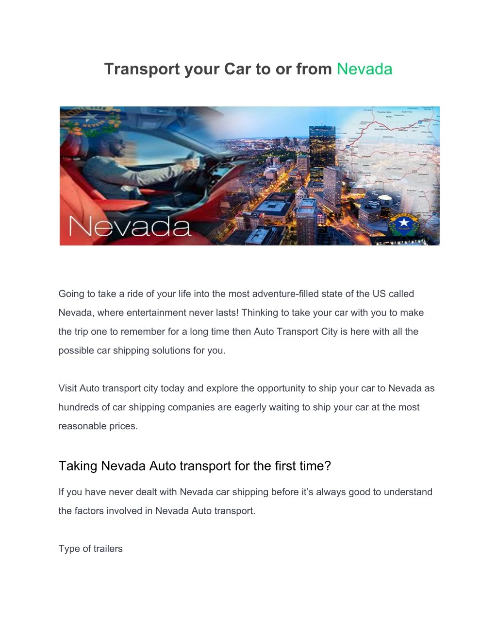 transport your car to or from nevada