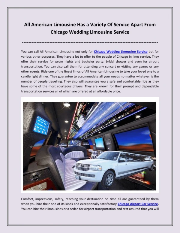 All American Limousine Has a Variety Of Service Apart From Chicago Wedding Limousine Service