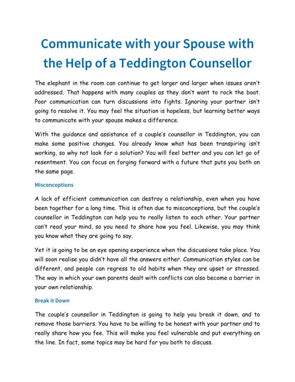Communicate with your Spouse with the Help of a Teddington Counsellor