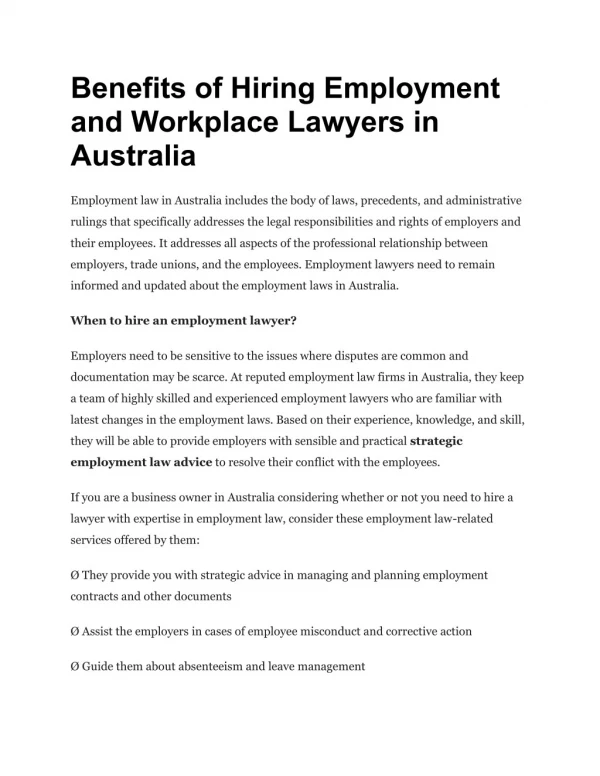 Benefits of Hiring Employment and Workplace Lawyers in Australia
