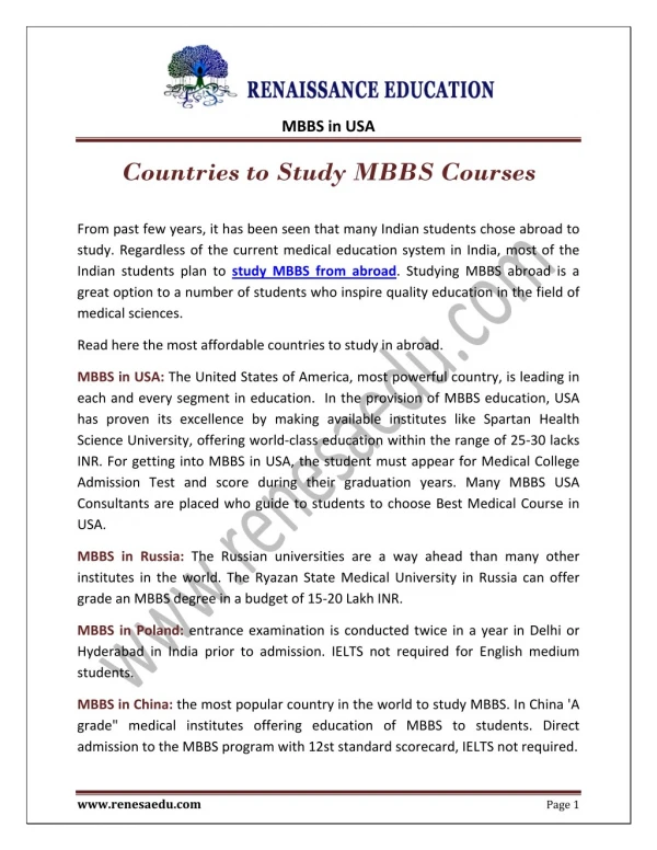 Study MBBS Courses in USA