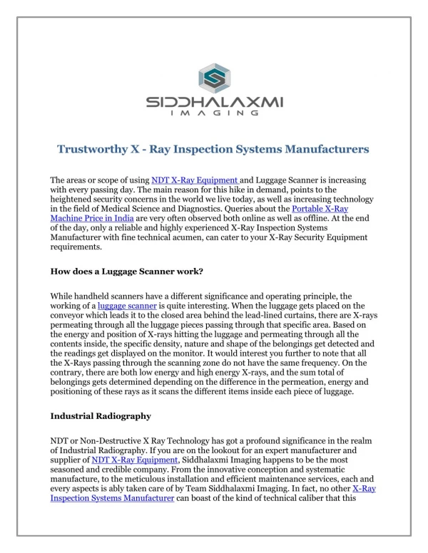 Trustworthy X - Ray Inspection Systems Manufacturers