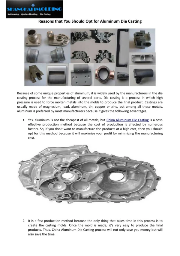 Reasons that You Should Opt for Aluminum Die Casting