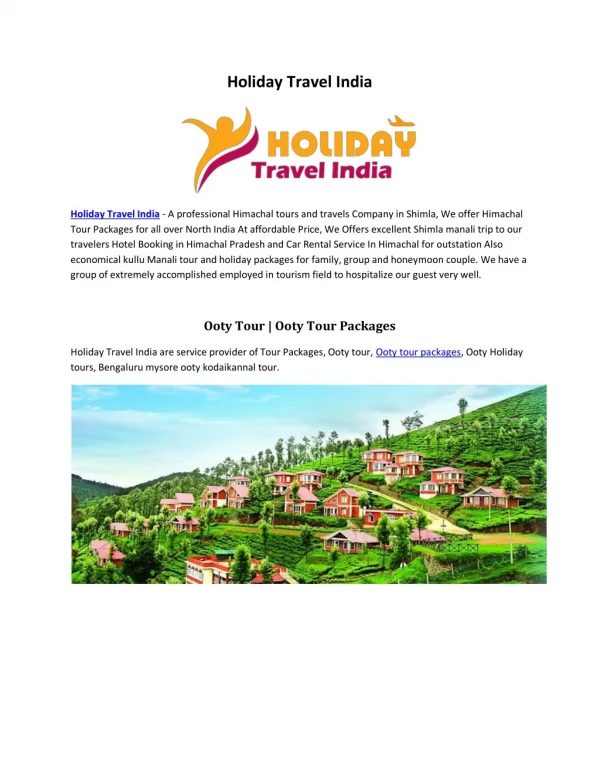Holiday Travel India - A professional Himachal tours and travels Company in Shimla | www.holidaytravelindia.in