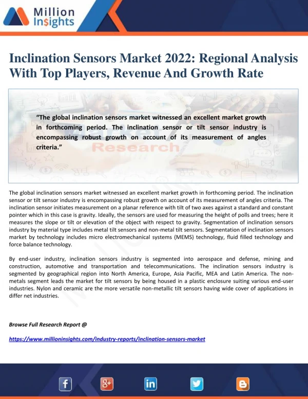 Inclination Sensors Market 2022: Regional Analysis With Top Players, Revenue And Growth Rate