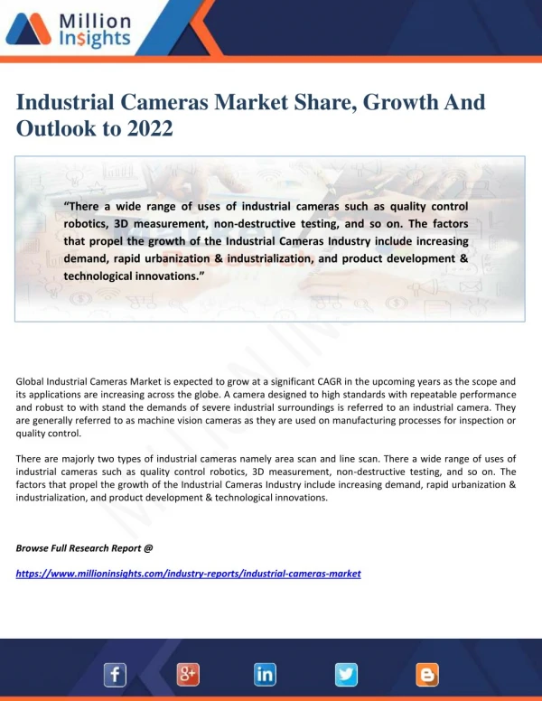 Industrial Cameras Market Share, Growth And Outlook to 2022