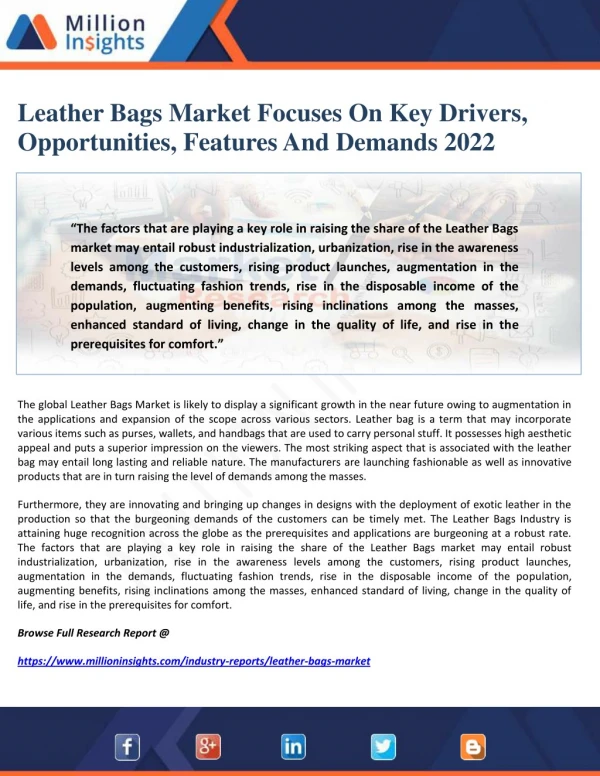 Leather Bags Market Focuses On Key Drivers, Opportunities, Features And Demands 2022