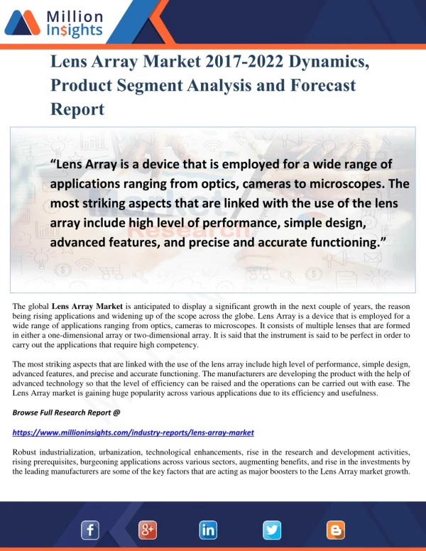 Lens Array Market 2017-2022 Dynamics, Product Segment Analysis and Forecast Report