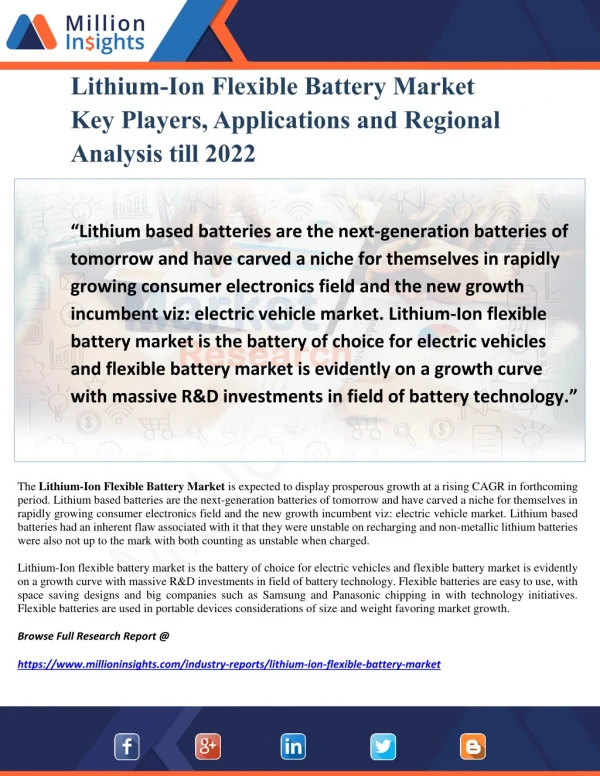 Lithium-Ion Flexible Battery Market Key Players, Applications and Regional Analysis till 2022