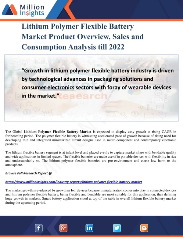 Lithium Polymer Flexible Battery Market Product Overview, Sales and Consumption Analysis till 2022