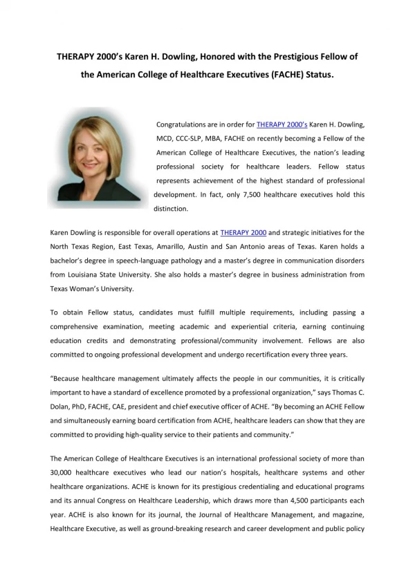 THERAPY 2000’s Karen H. Dowling, Honored with the Prestigious Fellow of the American College of Healthcare Executives
