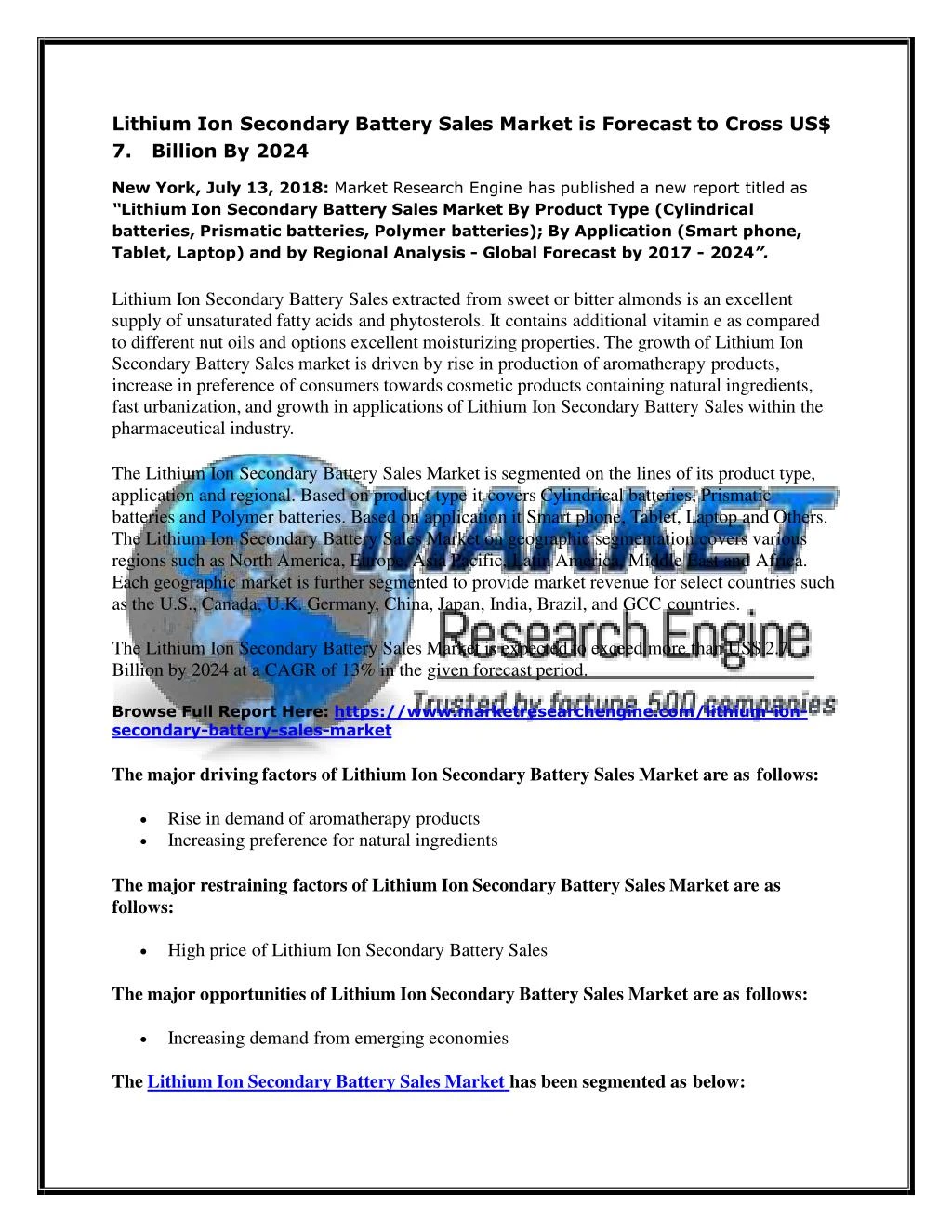lithium ion secondary battery sales market