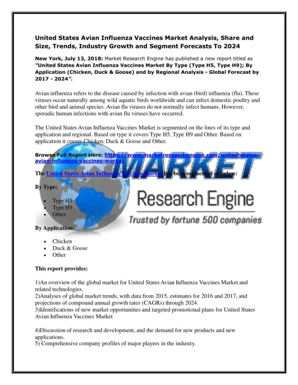 United States Avian Influenza Vaccines Market Analysis, Share and Size, Trends, Industry Growth and Segment Forecasts To