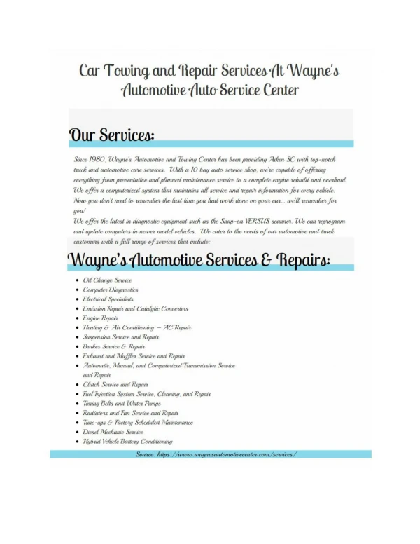 Car Towing and Repair Services At Wayne's Automotive Auto Service Center