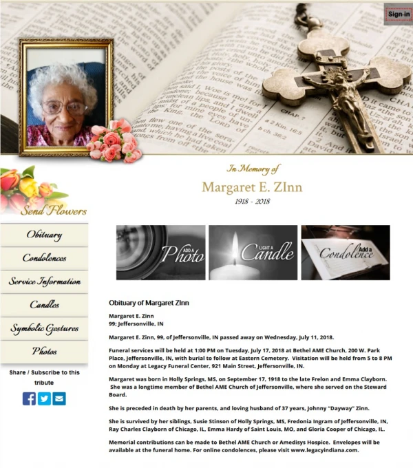 Obituary of Margaret ZInn