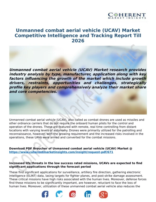 Unmanned Combat Aerial Vehicle (UCAV) Market Analysis, Segment, Trends and Forecasts, 2018-2026: Coherent Market Insight