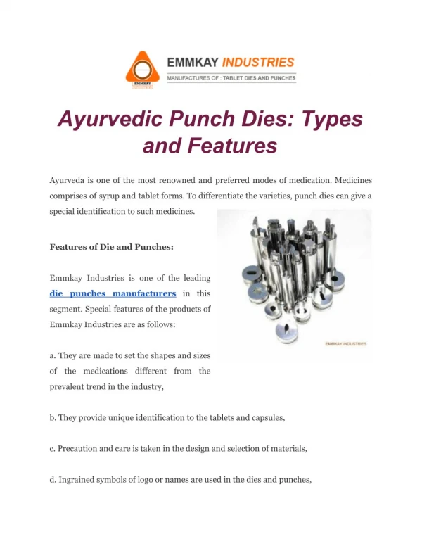 Ayurvedic Punch Dies: Types and Features