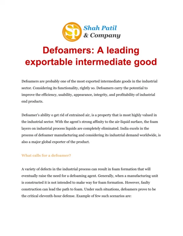 Defoamers a leading exportable intermediate good