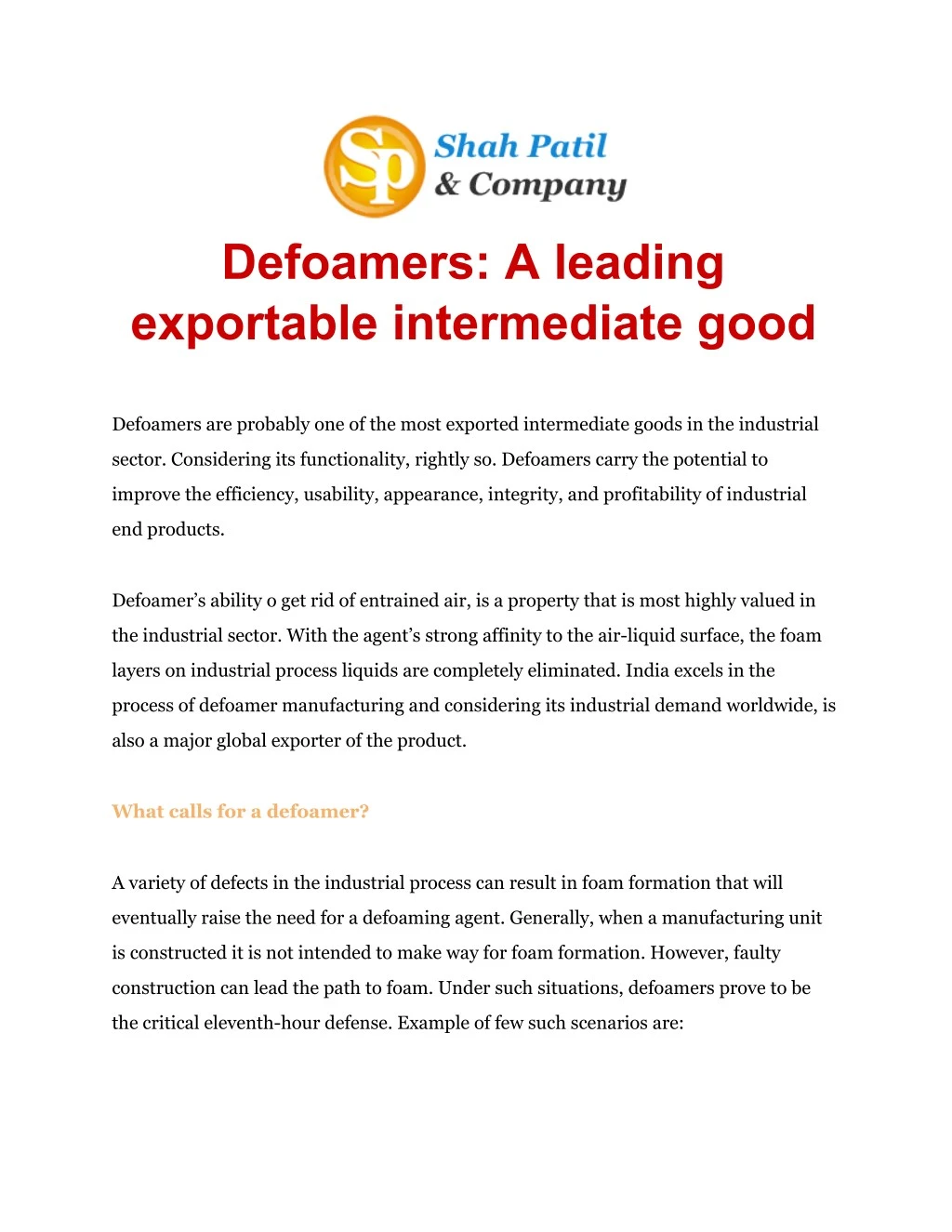 defoamers a leading exportable intermediate good