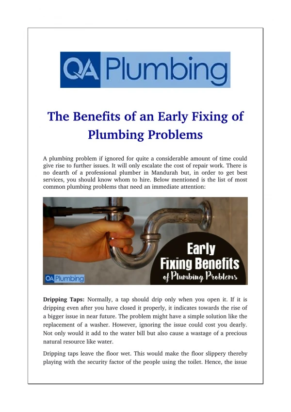 The Benefits of an Early Fixing of Plumbing Problems