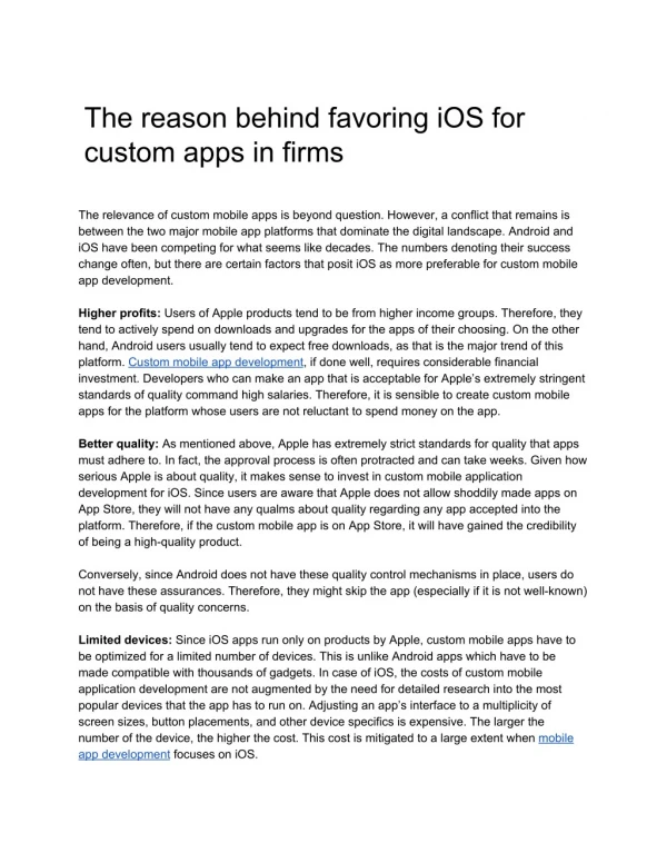The reason behind favoring iOS for custom apps in firms