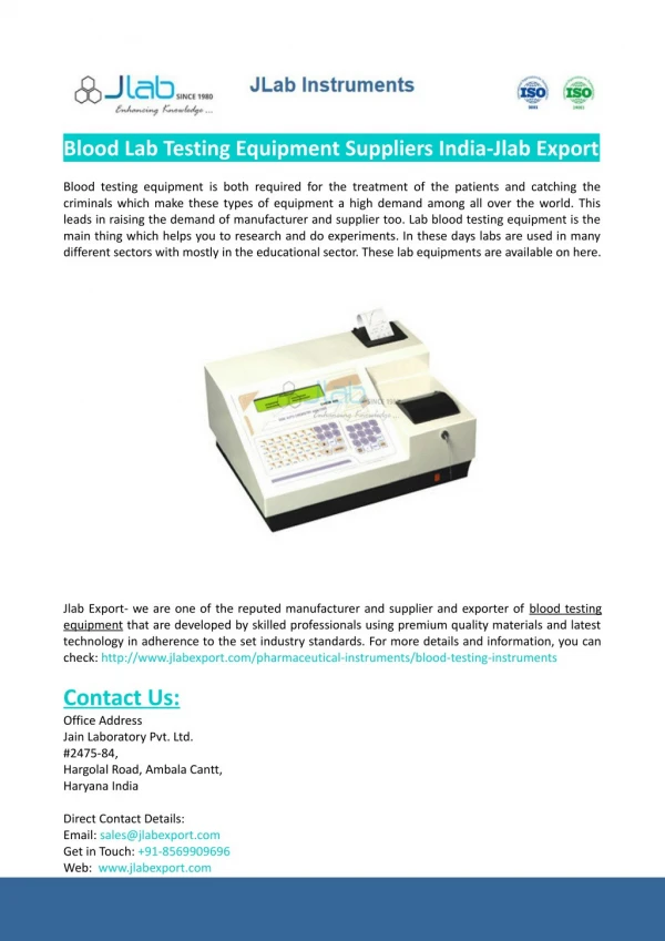 Blood Lab Testing Equipment Suppliers India-Jlab Export