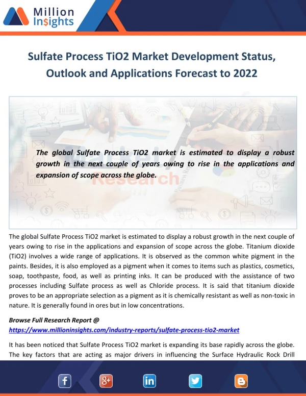 Sulfate Process TiO2 Market Development Status, Outlook and Applications Forecast to 2022