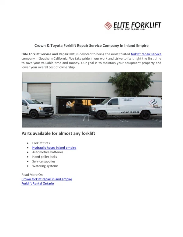 Crown & Toyota Forklift Repair Service Company In Inland Empire