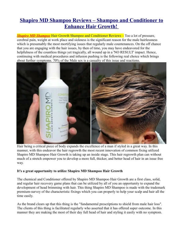Shapiro MD Shampoo - A Natural Blocking of Hair Loss