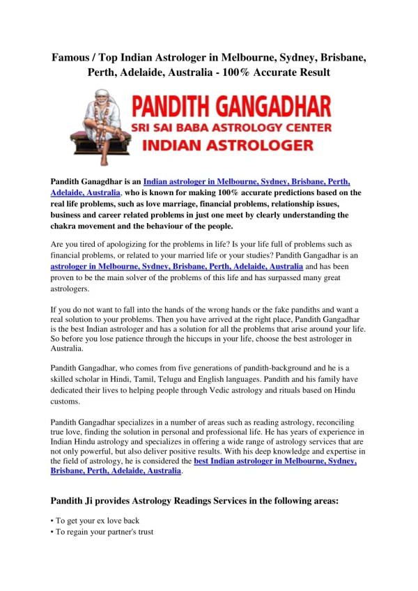 Famous / Top Indian Astrologer in Melbourne, Sydney, Brisbane, Perth, Adelaide, Australia - 100% Accurate Result