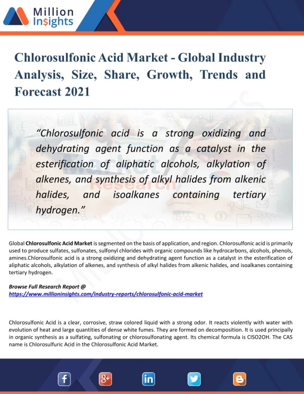 Chlorosulfonic Acid Market Demand, Growth, Opportunities, Analysis and Global Forecast to 2021