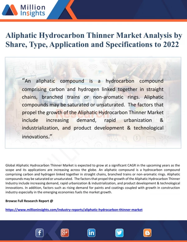 Aliphatic Hydrocarbon Thinner Market Analysis by Share, Type, Application and Specifications to 2022