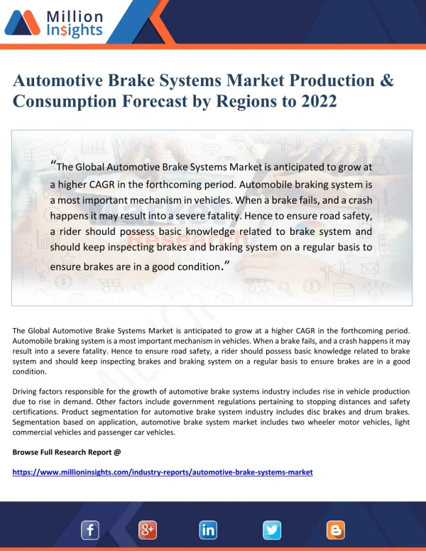 Automotive Brake Systems Market Production and Consumption Forecast by Regions to 2022