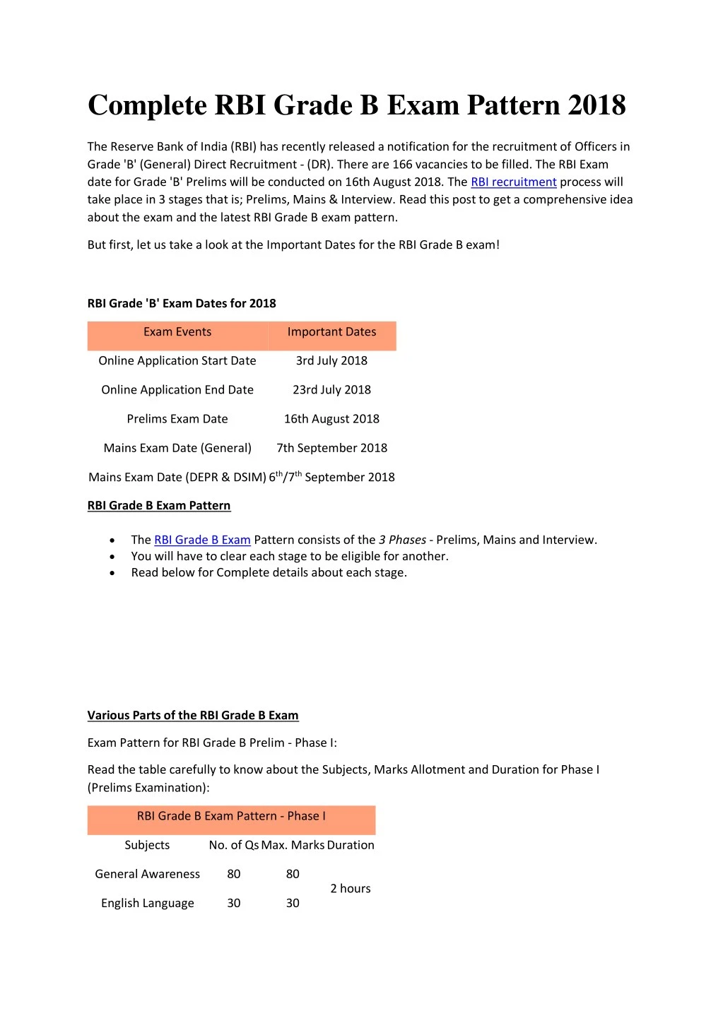 complete rbi grade b exam pattern 2018