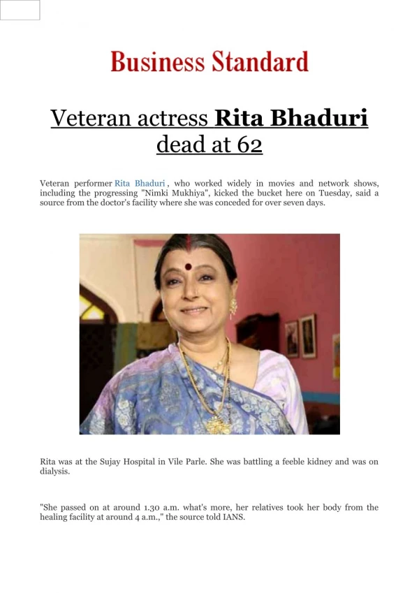 Veteran actress Rita Bhaduri dead at 62