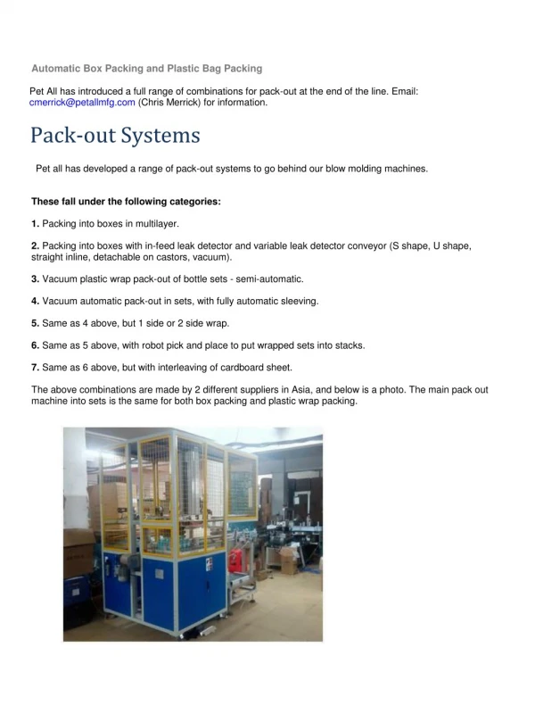 Pack out Systems – Pet All Manufacturing Inc