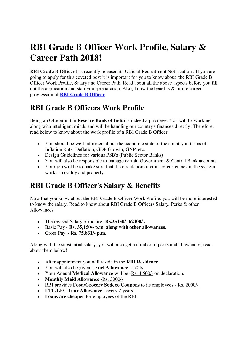 rbi grade b officer work profile salary career