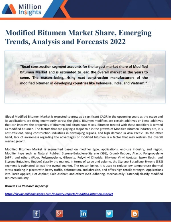 Modified Bitumen Market Share, Emerging Trends, Analysis and Forecasts 2022