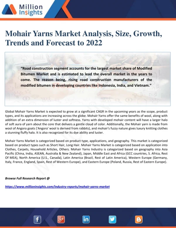 Mohair Yarns Market Analysis, Size, Growth, Trends and Forecast to 2022