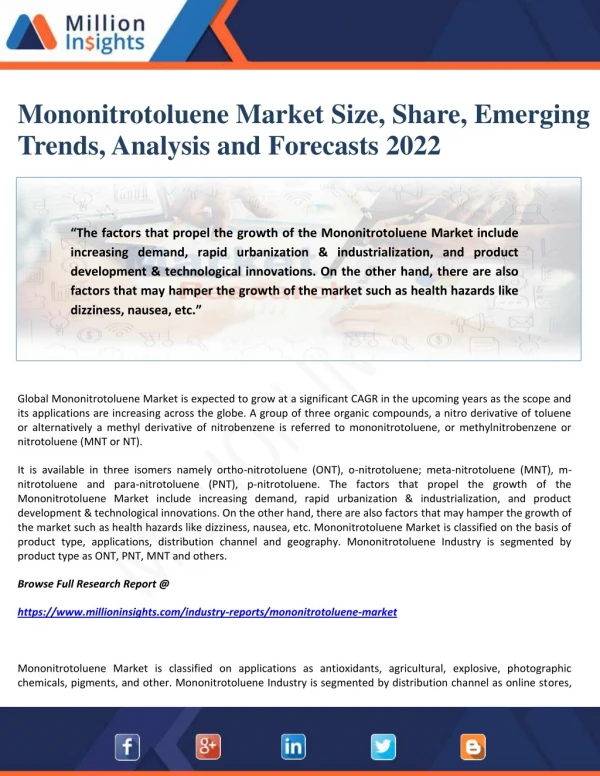 Mononitrotoluene Market Size, Share, Emerging Trends, Analysis and Forecasts 2022