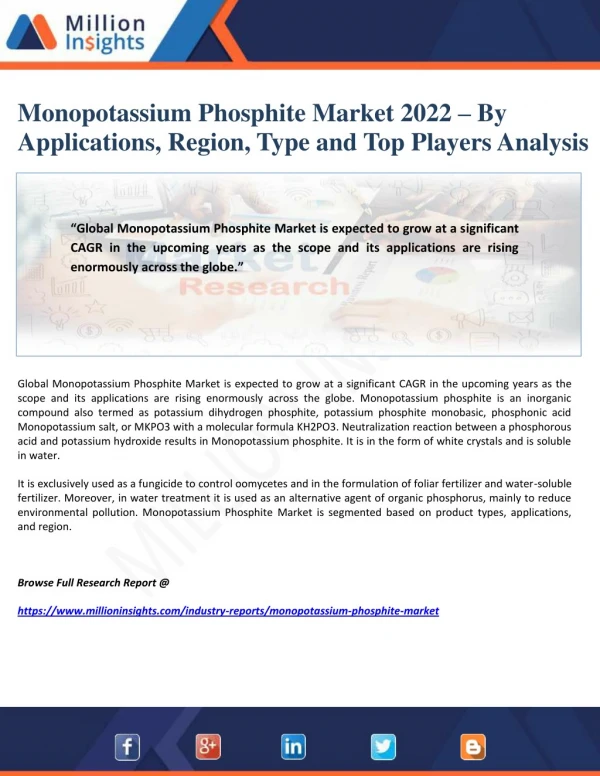 Monopotassium Phosphite Market 2022 – By Applications, Region, Type and Top Players Analysis