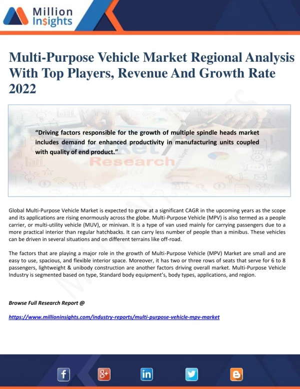 Multi-Purpose Vehicle Market Regional Analysis With Top Players, Revenue And Growth Rate 2022